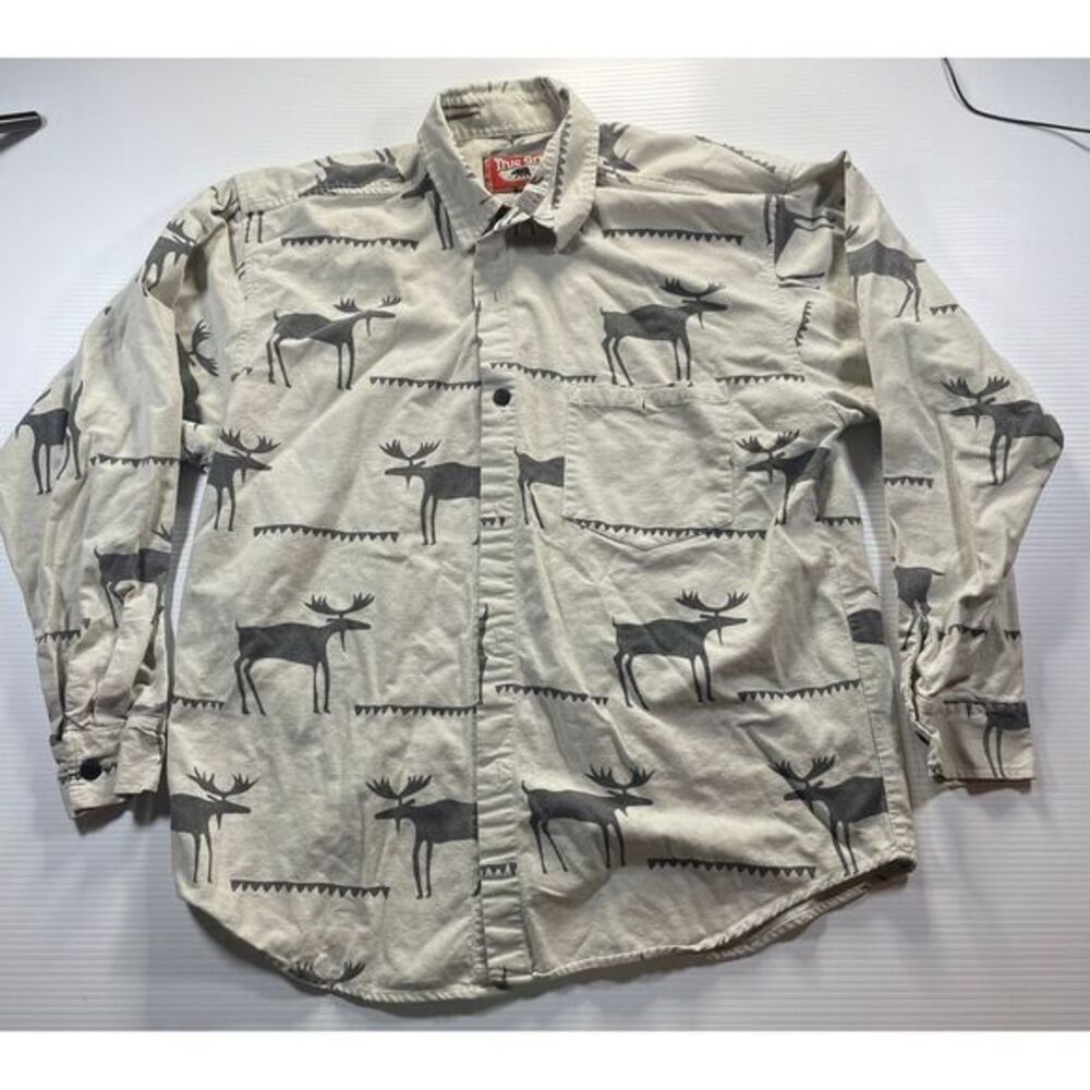 True Grit Moose Print Button Down Shirt Casual Outdoor Wilderness Lodge‎ Wear